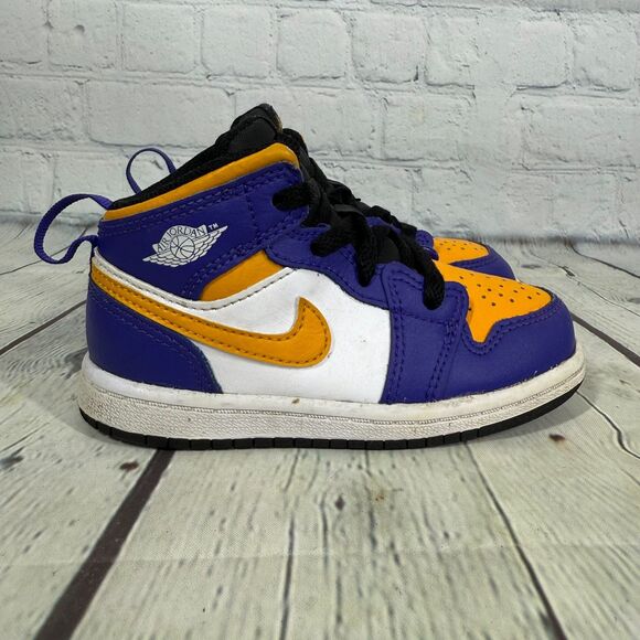 Nike Air Jordan 1 Mid Kids Size 8C Sneakers Blue Yellow Basketball School Shoes - Picture 1 of 11